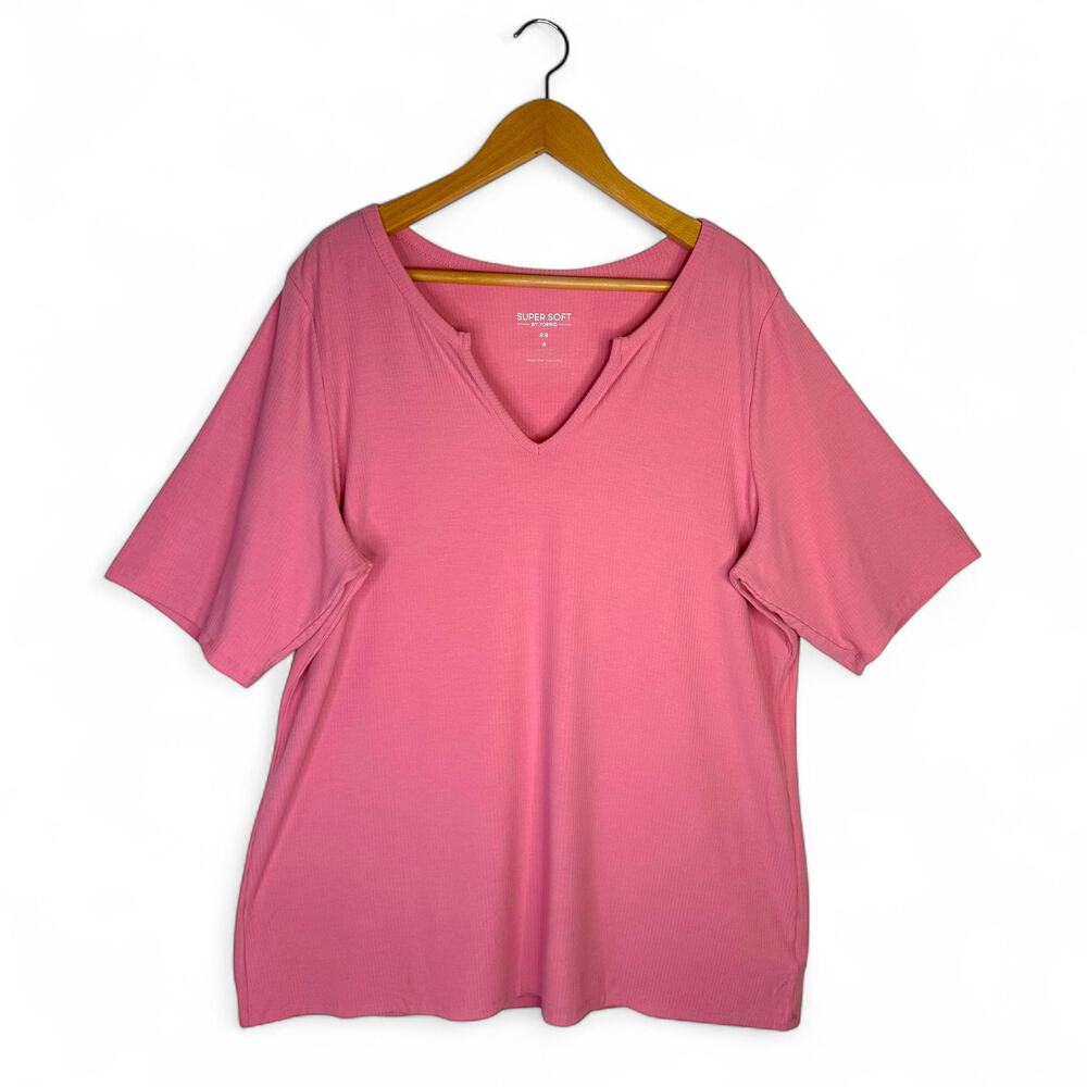 Torrid Women's Super Soft Ribbed Short V-Neck Sleeve T-Shirt 4X Pink Plus Size